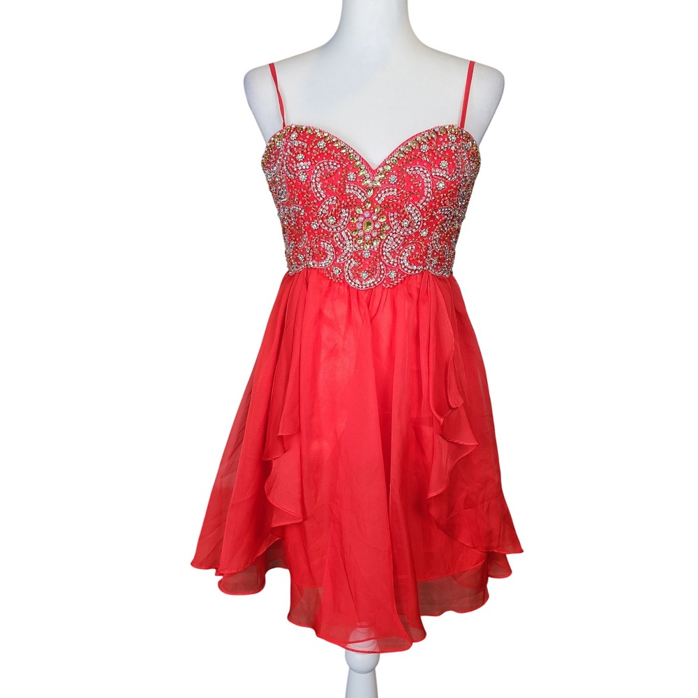 Dave & Johnny Beaded Chiffon Dress Womens 2 Juniors 1 Red Homecoming Prom Party
